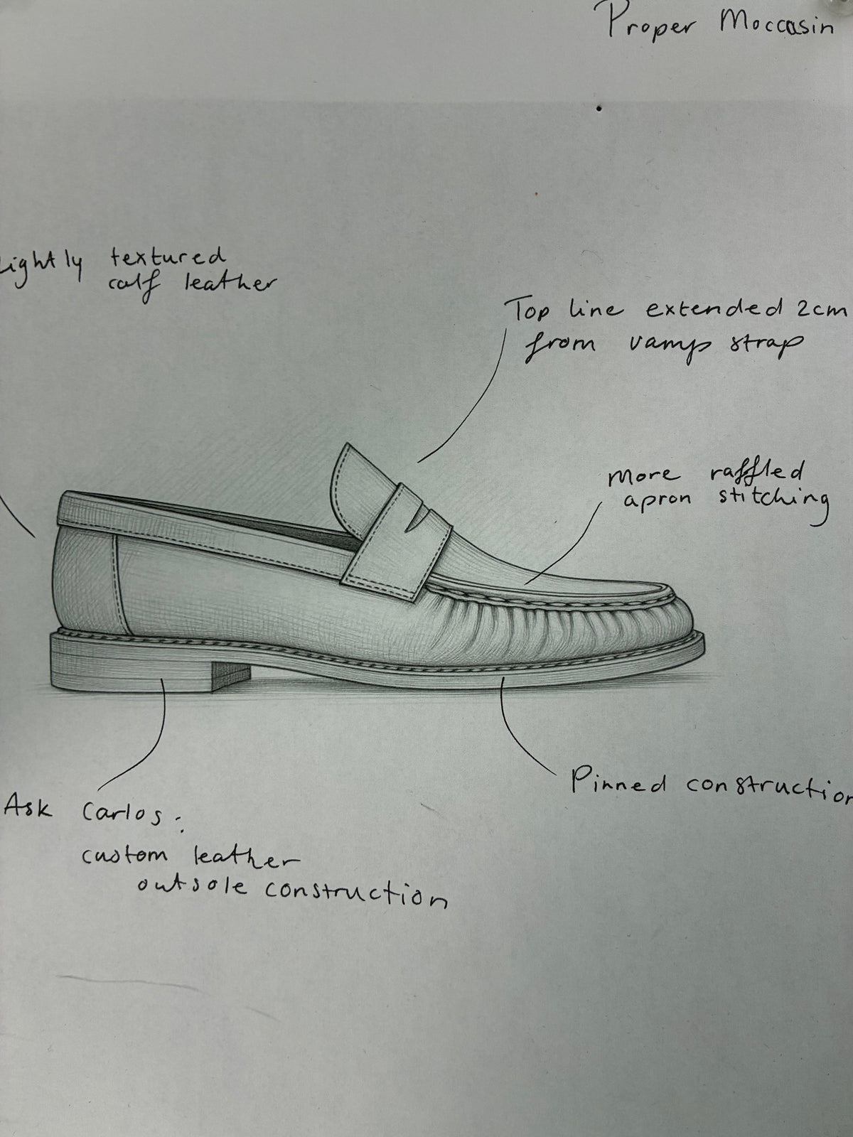 Annotated design drawing of the Proper Moccasin