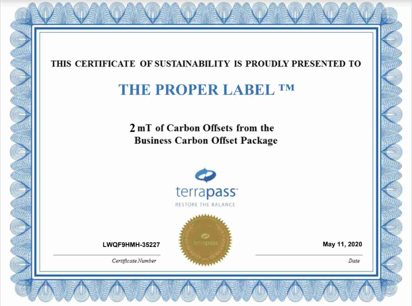 Offset May 2020 Certificate of Sustainability - The Proper Label ®