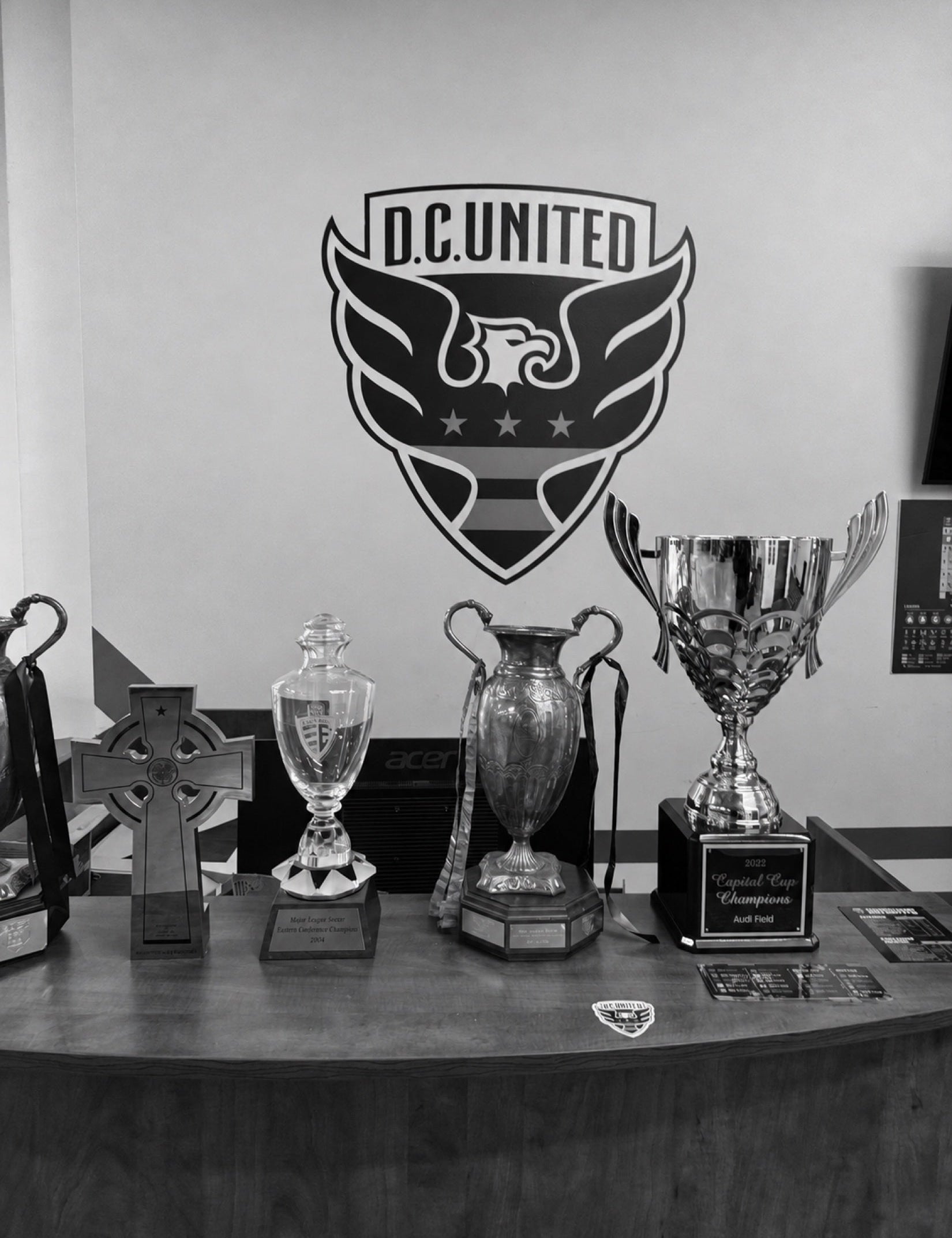 Trophies, patches and printed images: the different ways a club keeps its history.