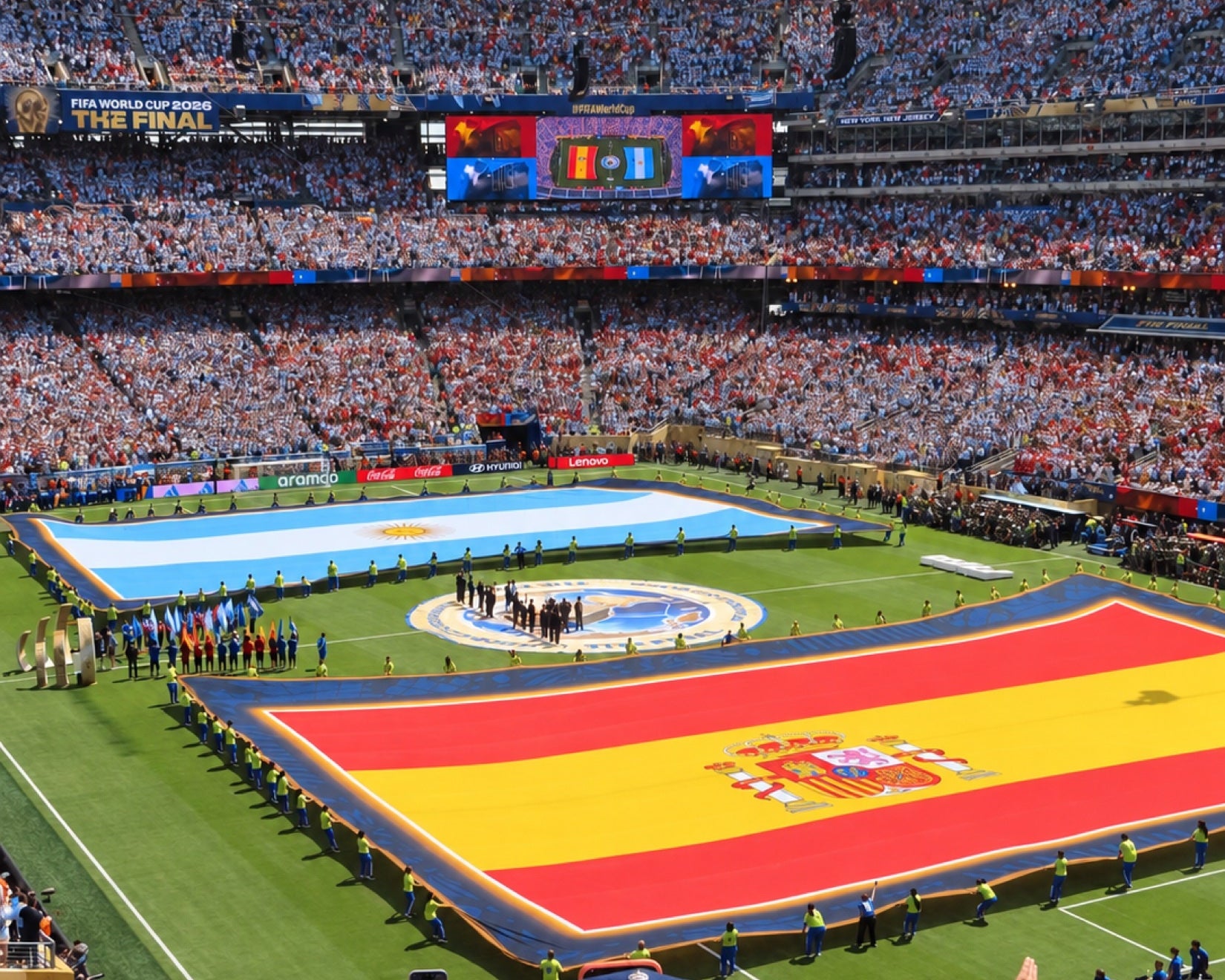 Flags cover the pitch while the stands finish becoming a crowd.