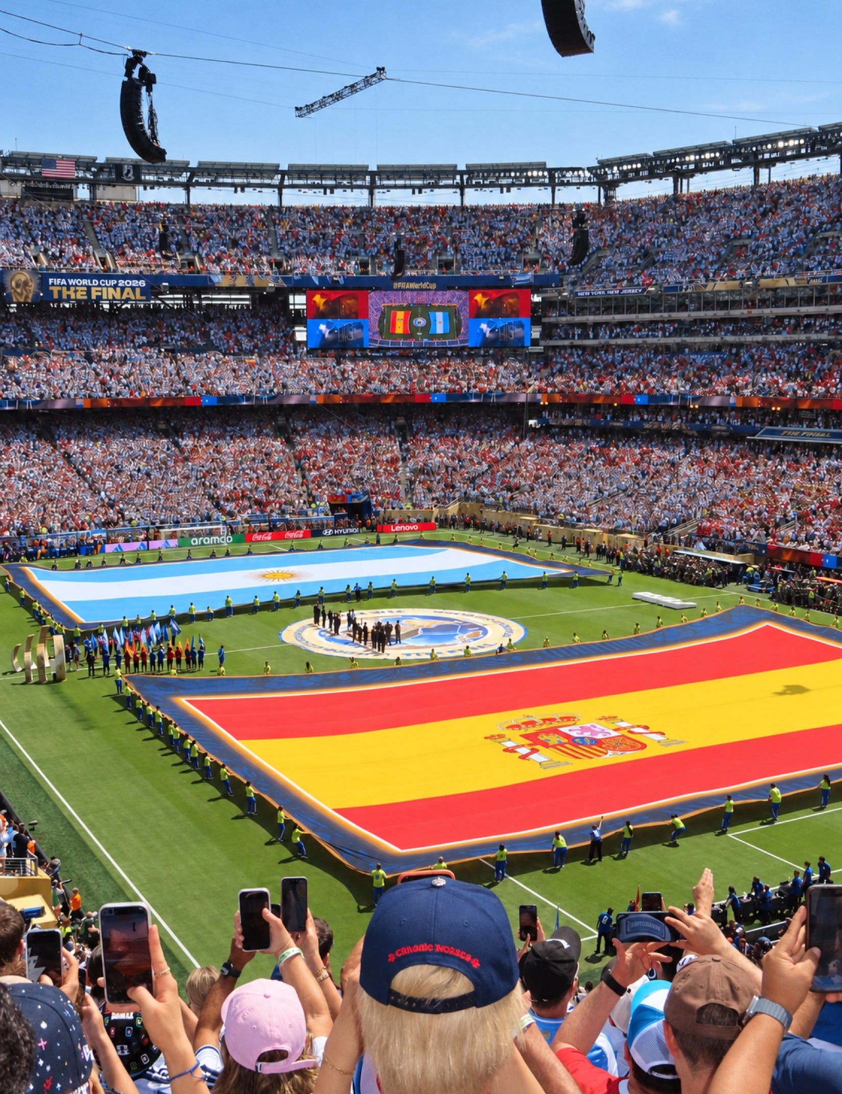 Flags cover the pitch while the stands finish becoming a crowd.