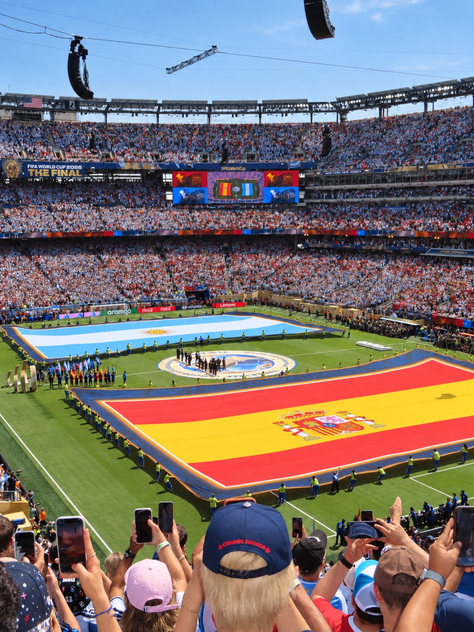 Flags cover the pitch while the stands finish becoming a crowd.