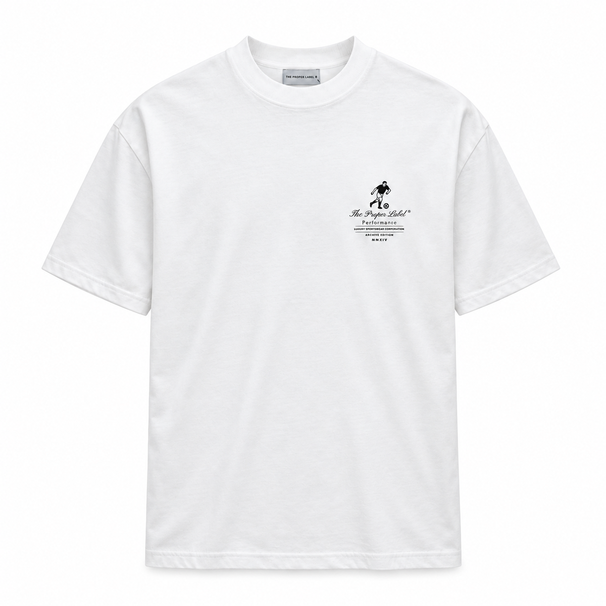 Maison de Sport white cotton T-shirt, flat front with fine jersey texture, ribbed crew neck and small black footballer chest artwork.