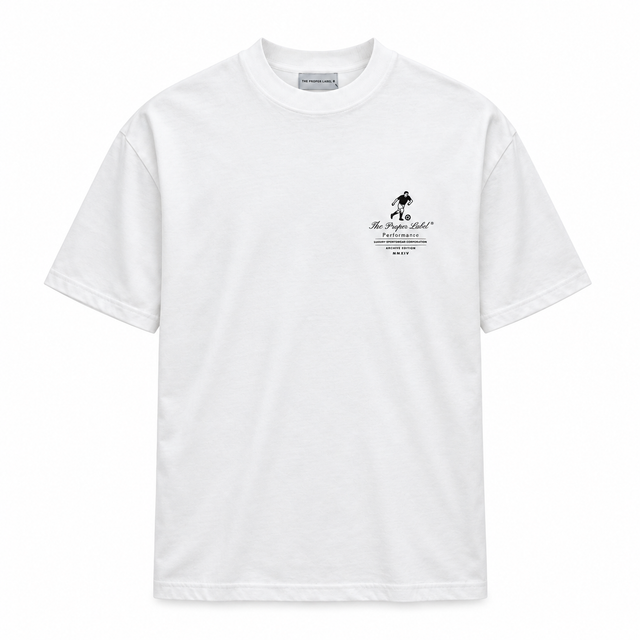 Maison de Sport white cotton T-shirt, flat front with fine jersey texture, ribbed crew neck and small black footballer chest artwork.