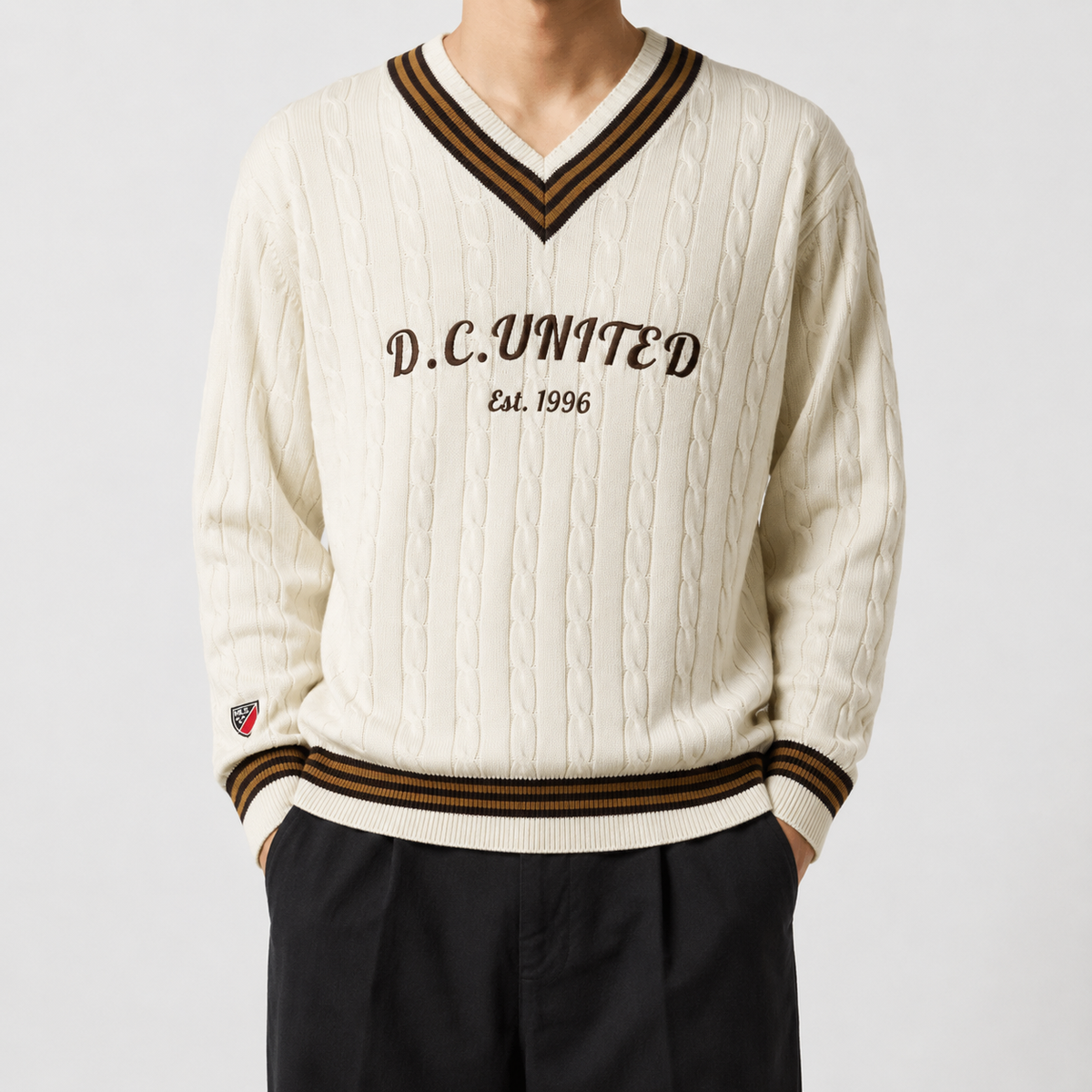 D.C. United — The District Cable-Knit Sweater — front view worn by a model