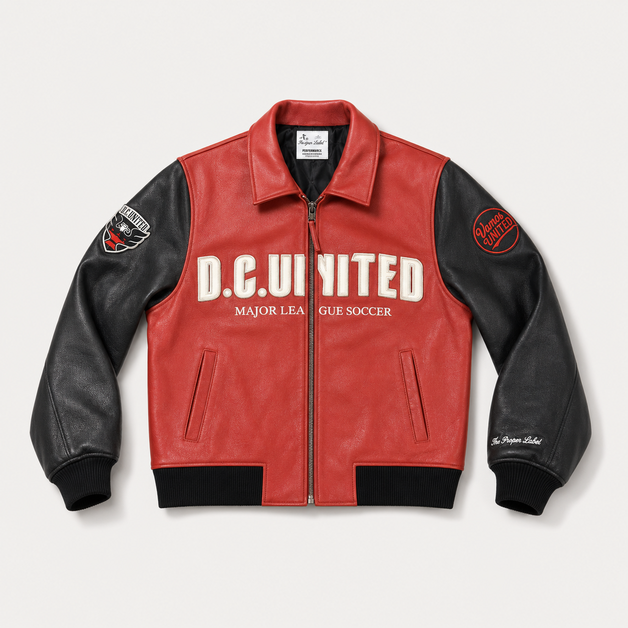 D.C. United — District Black & Red Leather Jacket — front with red body and black sleeves