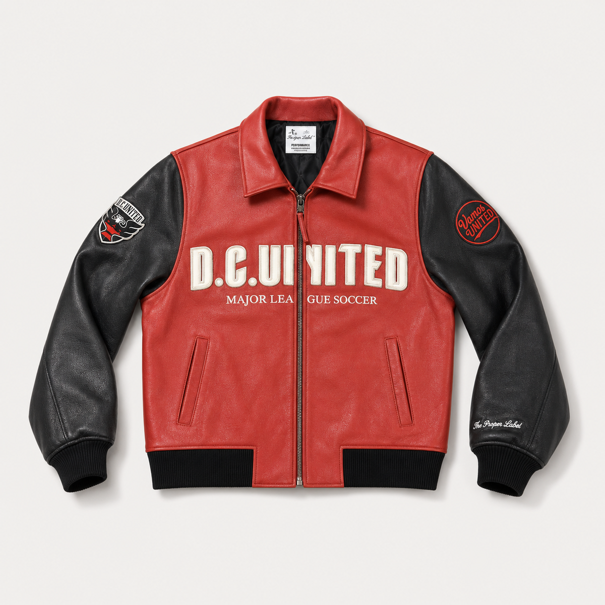 D.C. United — District Black & Red Leather Jacket — front with red body and black sleeves