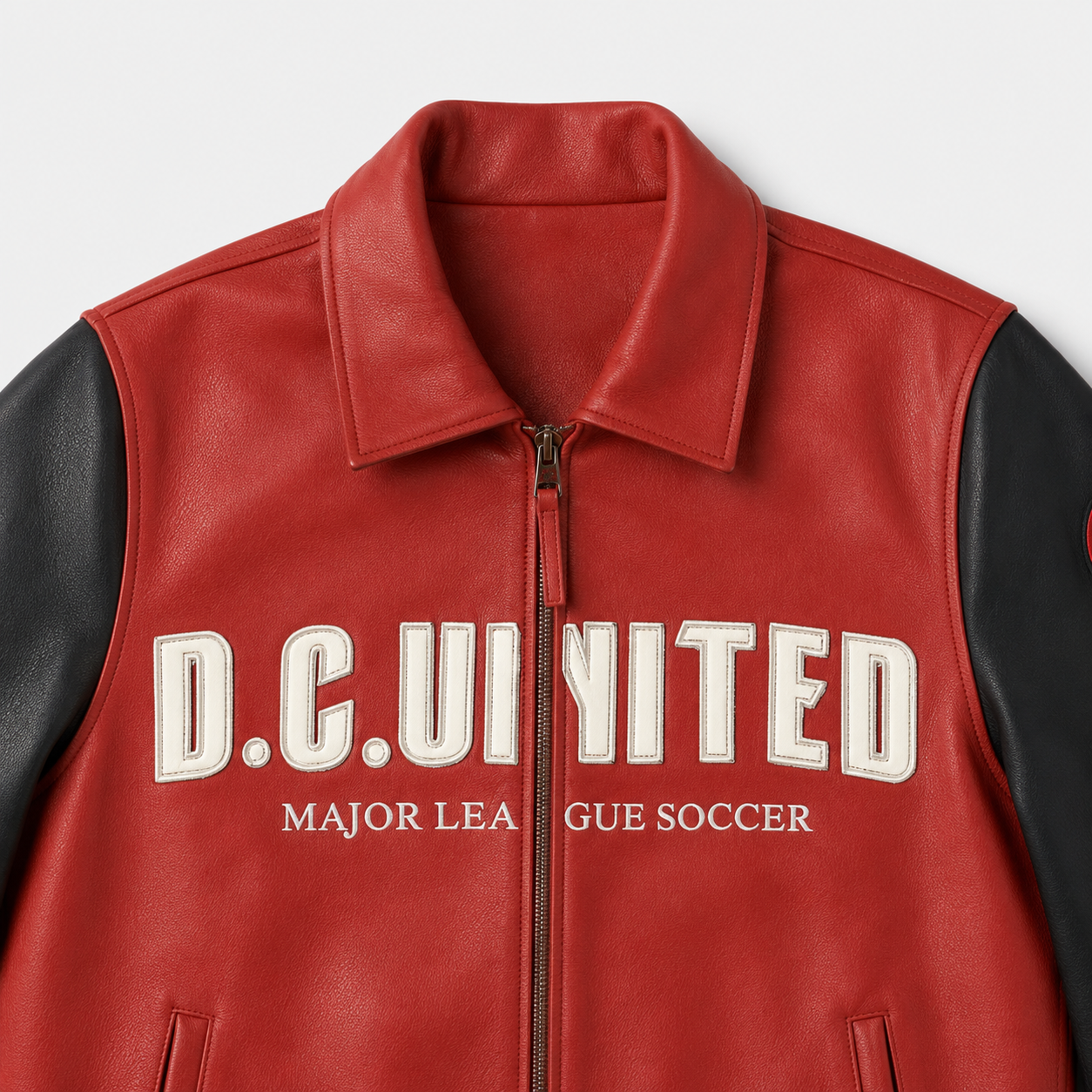 D.C. United — District Black & Red Leather Jacket — collar and chest lettering