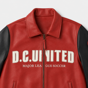 D.C. United — District Black & Red Leather Jacket — collar and chest lettering