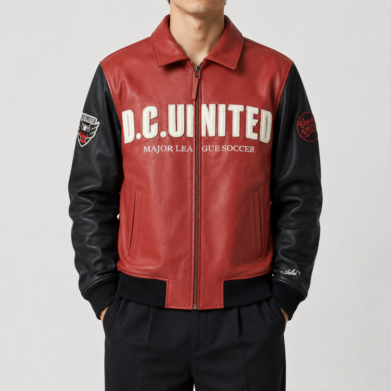D.C. United — District Black & Red Leather Jacket — three-quarter view worn by a model