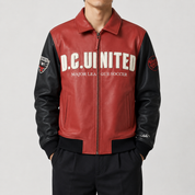 D.C. United — District Black & Red Leather Jacket — three-quarter view worn by a model