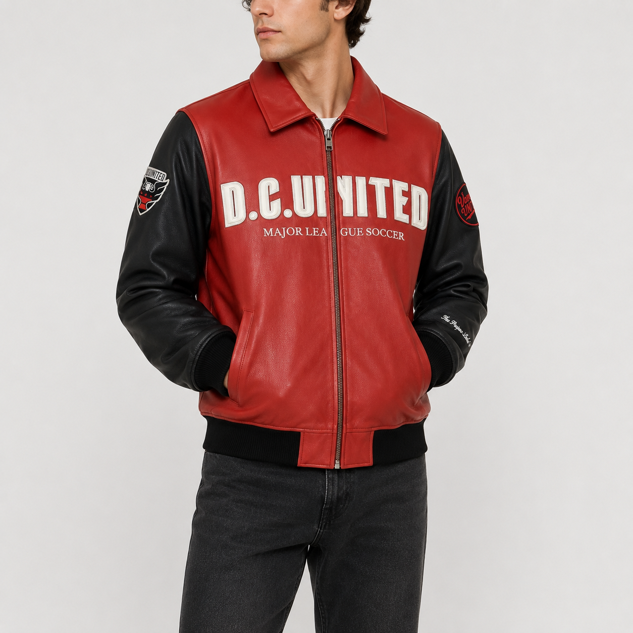 D.C. United — District Black & Red Leather Jacket — front view worn by a model