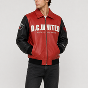 D.C. United — District Black & Red Leather Jacket — front view worn by a model