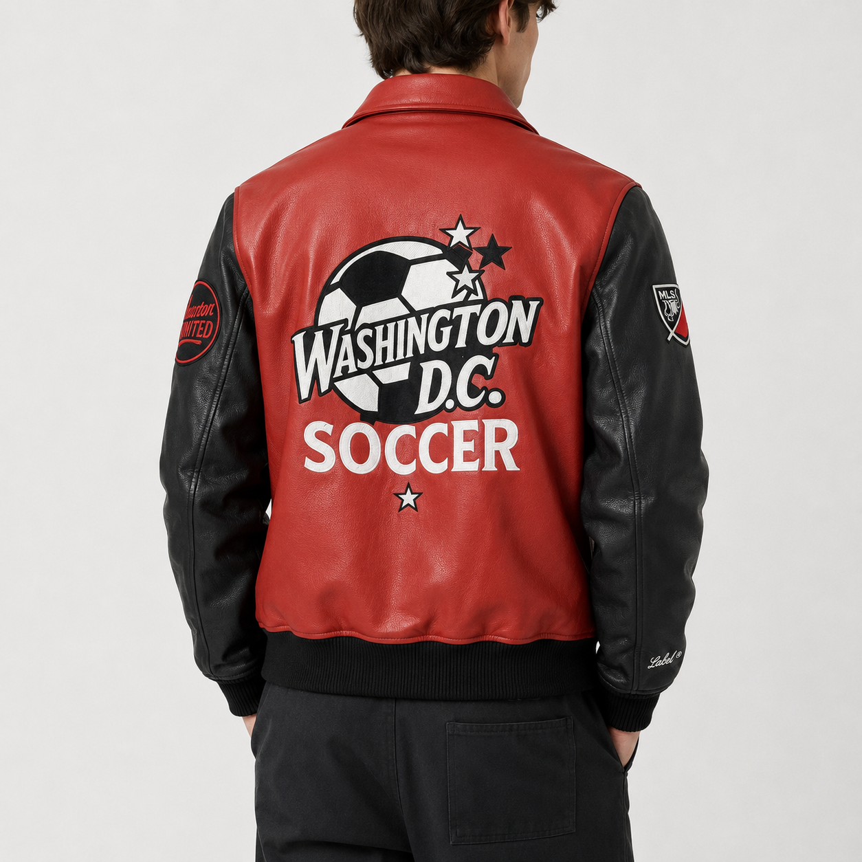D.C. United — District Black & Red Leather Jacket — back view worn by a model