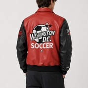 D.C. United — District Black & Red Leather Jacket — back view worn by a model
