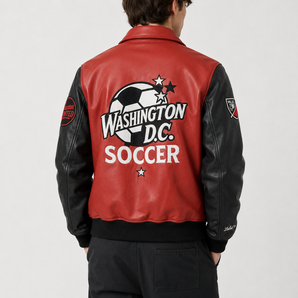 Back view of the District Black & Red Leather Jacket, with Washington D.C. Soccer artwork.