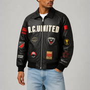 D.C. United — District Legacy Leather Jacket — front view worn by a model