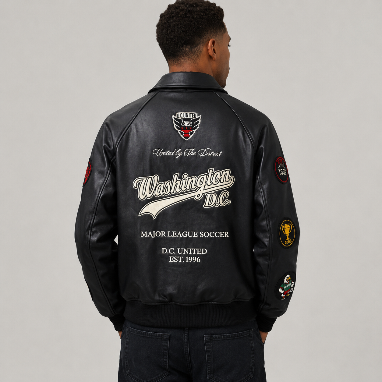 D.C. United — District Legacy Leather Jacket — back view worn by a model