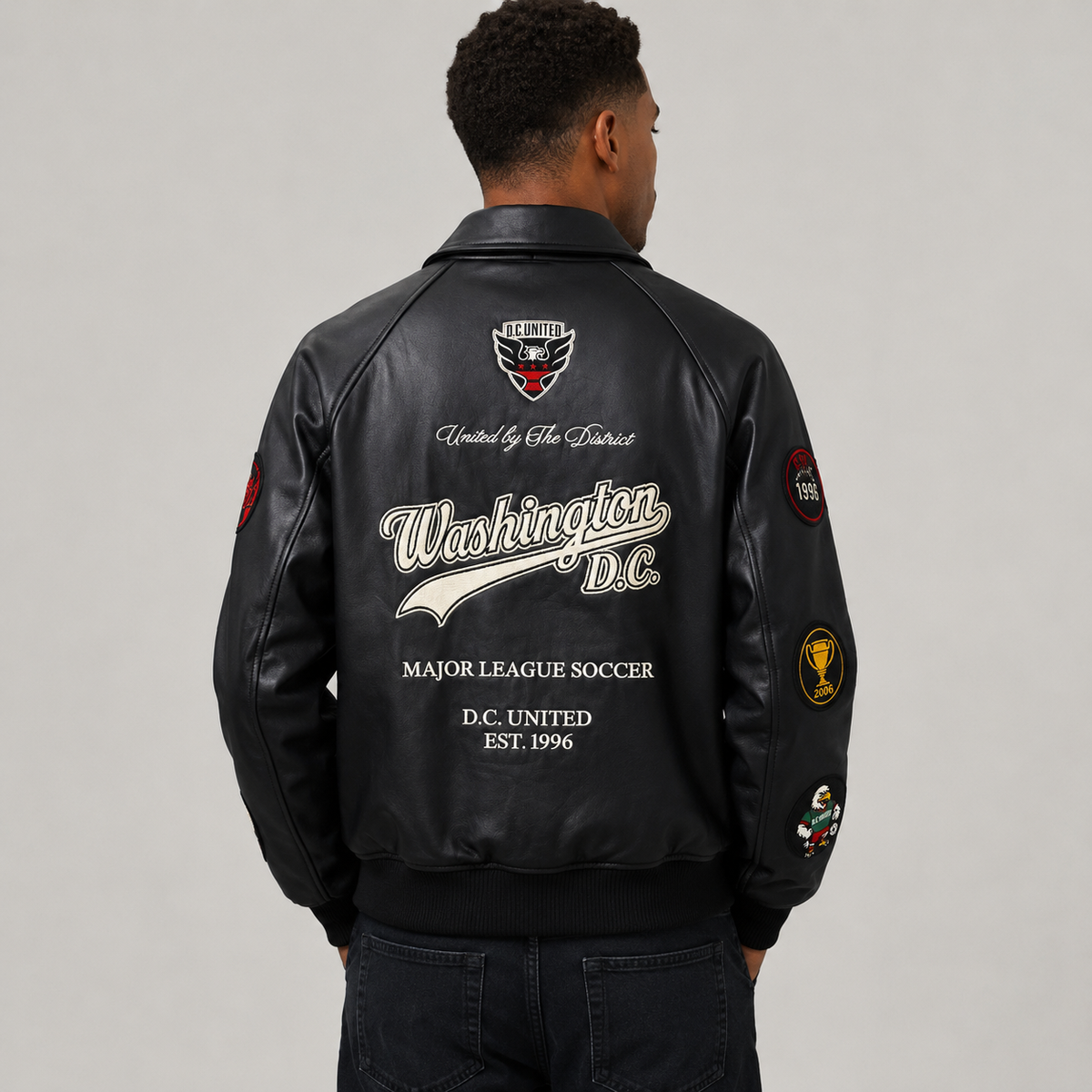 D.C. United — District Legacy Leather Jacket — back view worn by a model