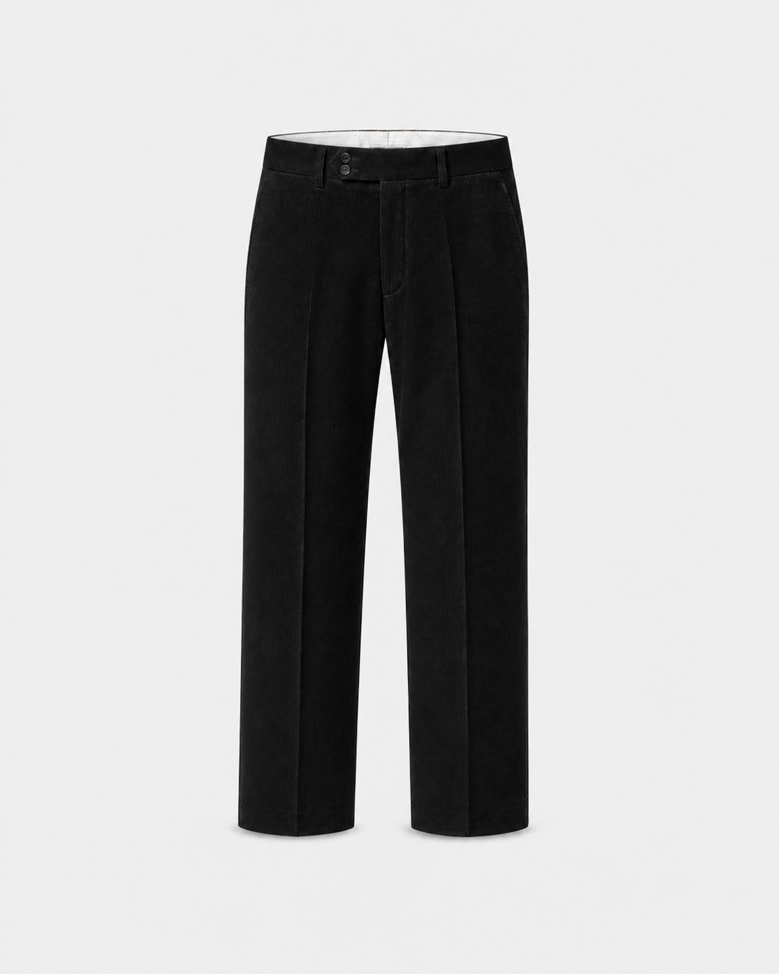 The Proper Corduroy Trousers — Noir — front view of the black trousers