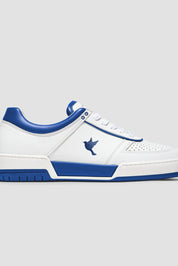 Sustainable sneakers made of durable with blue and white color accents, showcasing a 3D-printed dove emblem on the side.