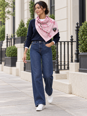 Cherry Blossom Scarf — full silhouette with indigo jeans and white trainers, digitally created editorial