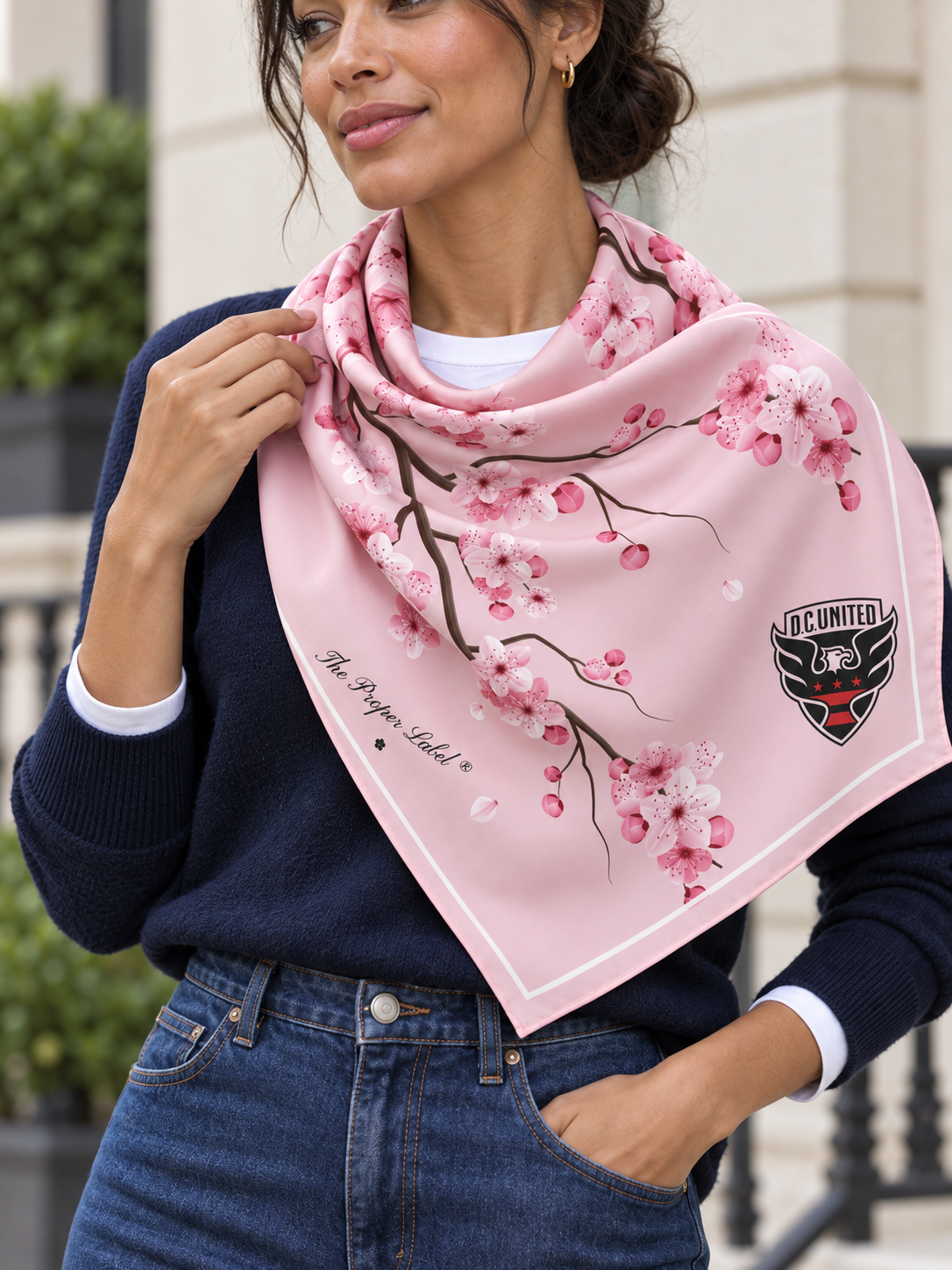Cherry Blossom Scarf — close view of the floral drape, digitally created editorial
