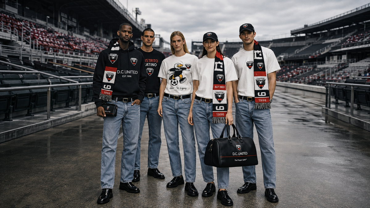 D.C. United campaign by The Proper Label: five models in black and white club apparel on a stadium concourse.
