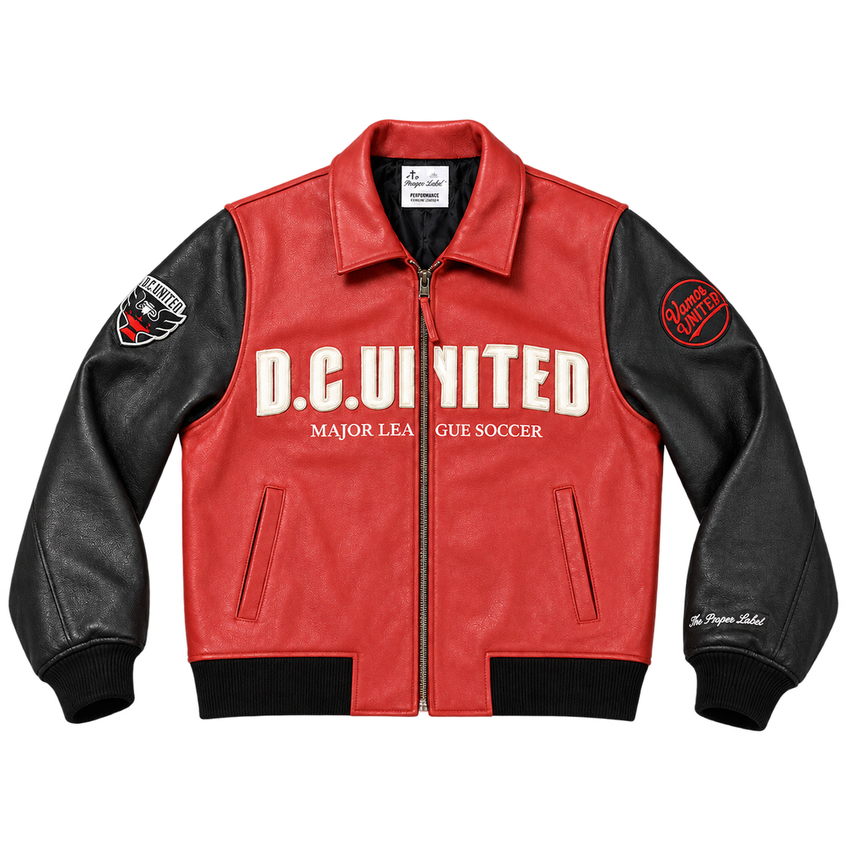 District black and red leather jacket — front view, transparent background