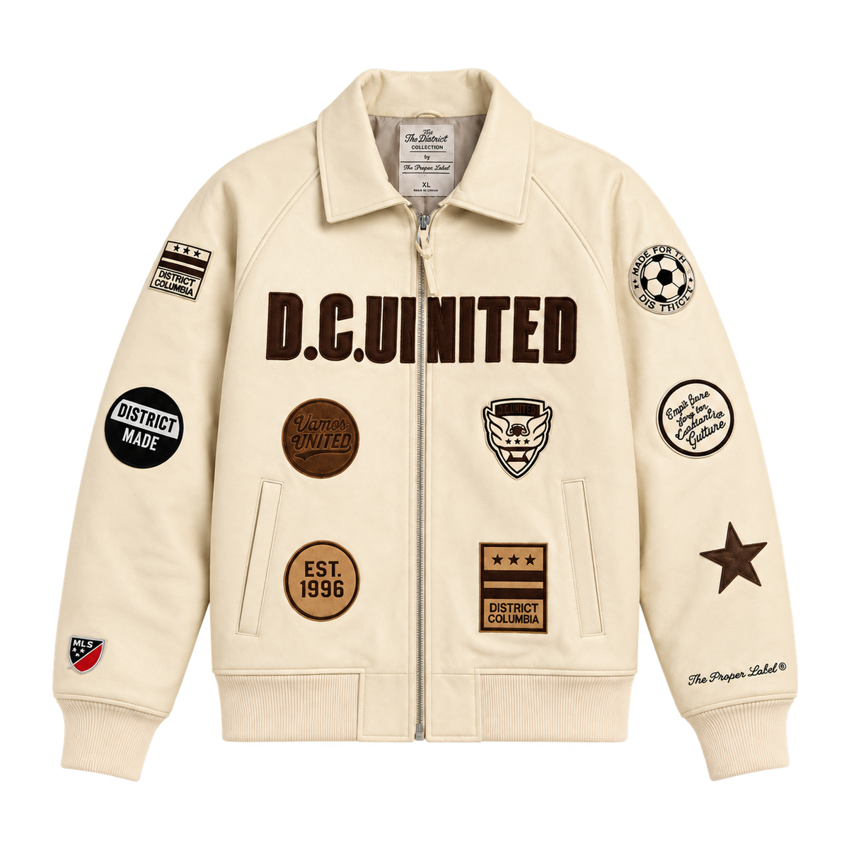District renaissance leather jacket — front view, transparent background
