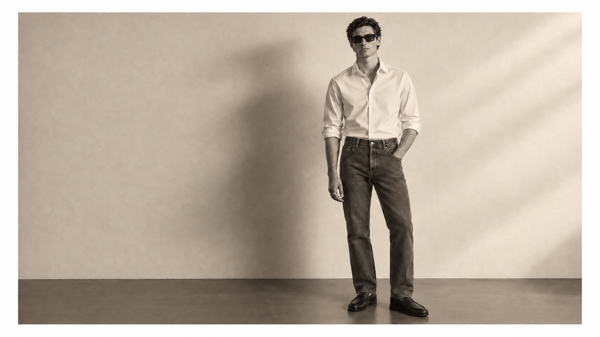 Maison de Sport : chemise blanche en popeline, denim et Proper Mocassin, dans une lumière sépia douce.
