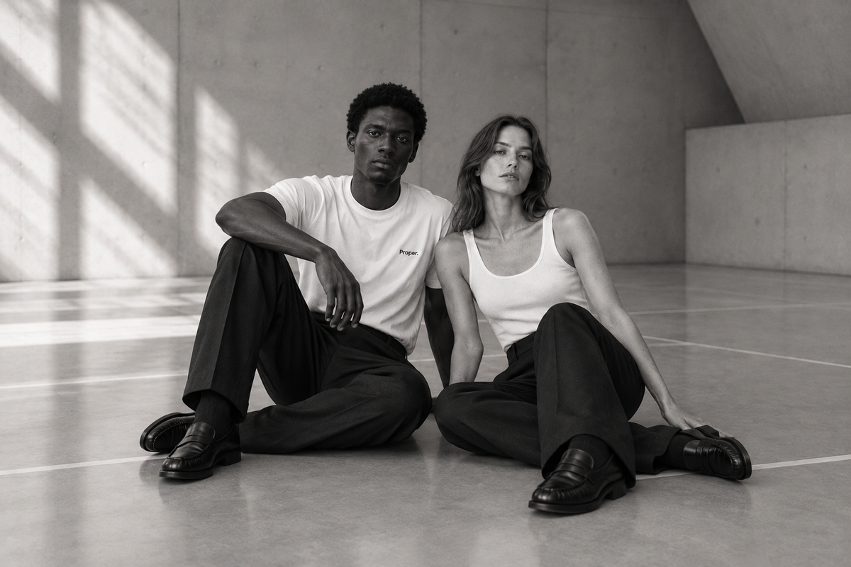 Maison de Sport campaign: black tailoring against a sweeping white architectural staircase.