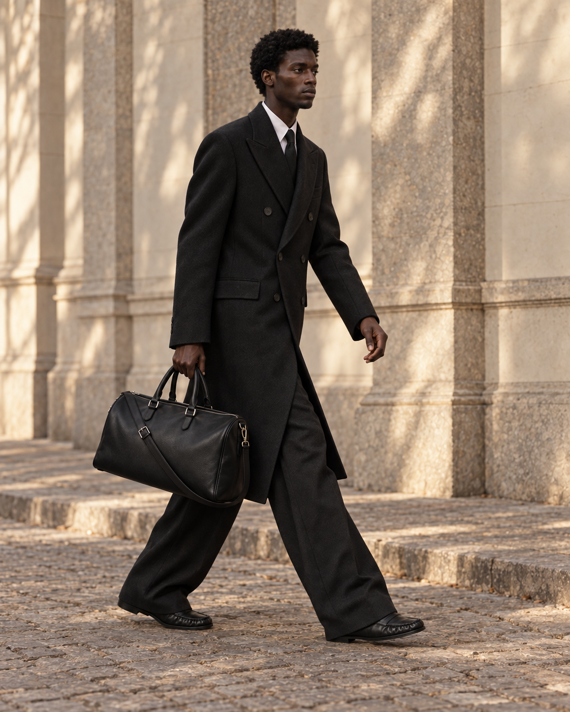Maison de Sport campaign: black tailoring on concrete stadium steps.