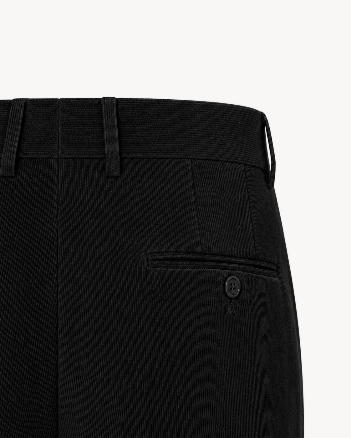 The Proper Corduroy Trousers — Noir — waistband and back pocket detail