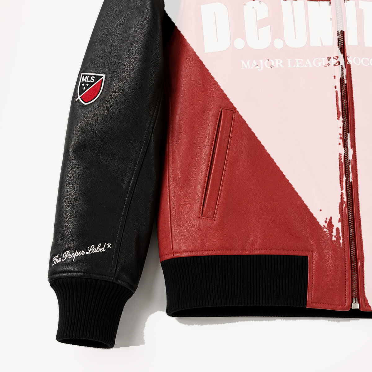 D.C. United — District Black & Red Leather Jacket — hem and sleeve detail
