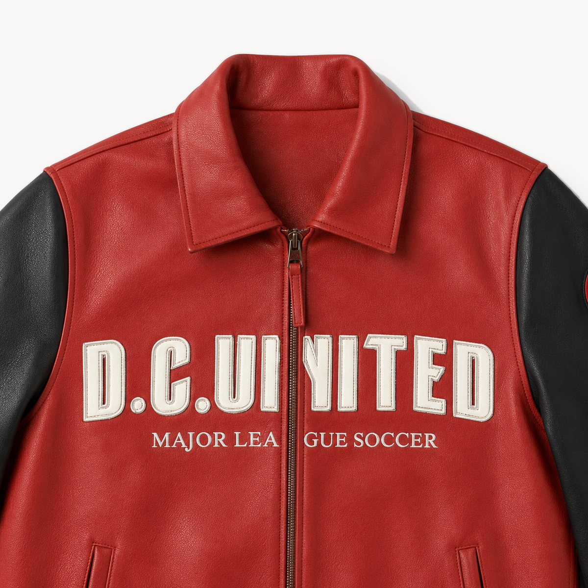 D.C. United — District Black & Red Leather Jacket — collar and chest lettering