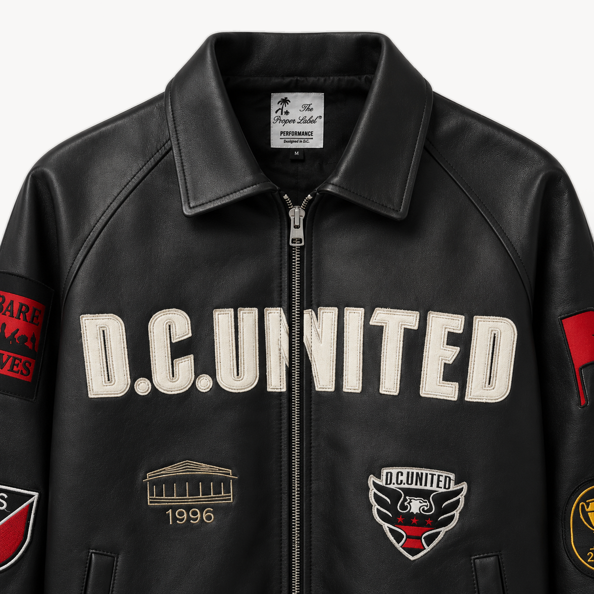 D.C. United — District Legacy Leather Jacket — collar and D.C. United chest lettering