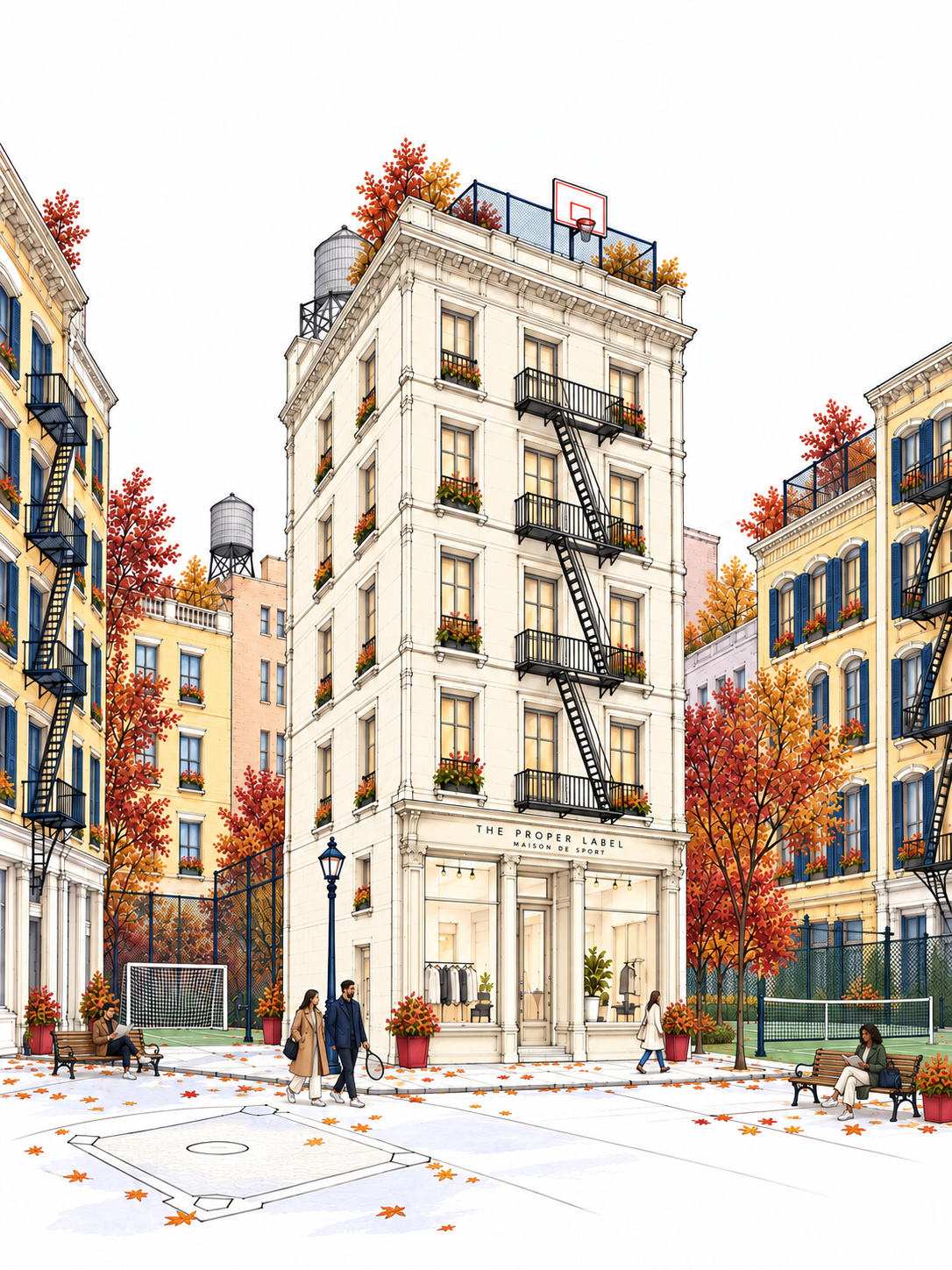 An illustrated Maison de Sport in autumn: a cream New York boutique, tennis and football courts, a rooftop basketball hoop and neighbours walking.
