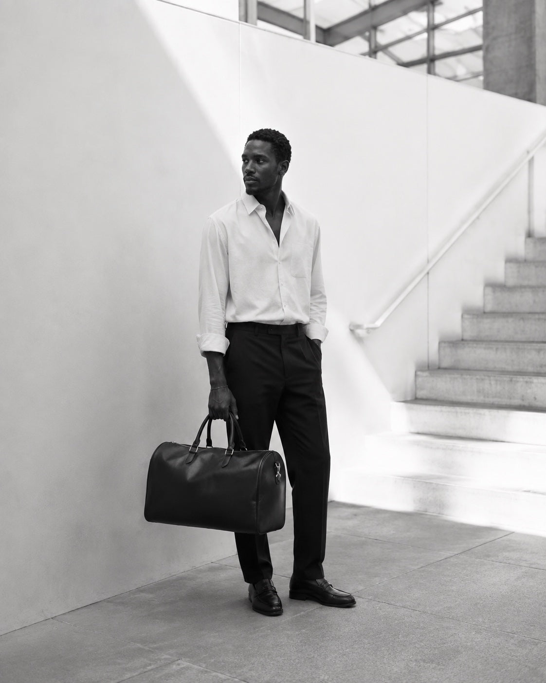 Editorial portrait of a man carrying The Continental Holdall by The Proper Label beside a pale stone staircase.
