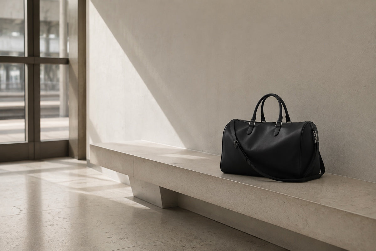 The Continental Holdall in black leather on a stone bench in natural light — The Proper Label.