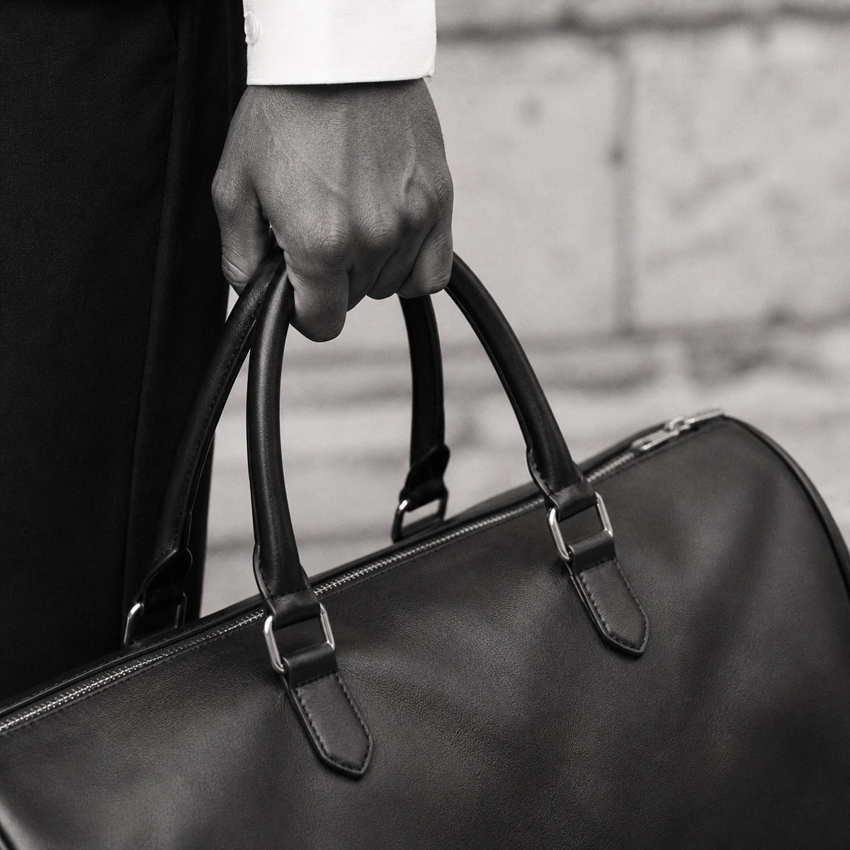 Close-up of The Continental Holdall leather handles and silver-tone hardware — The Proper Label.