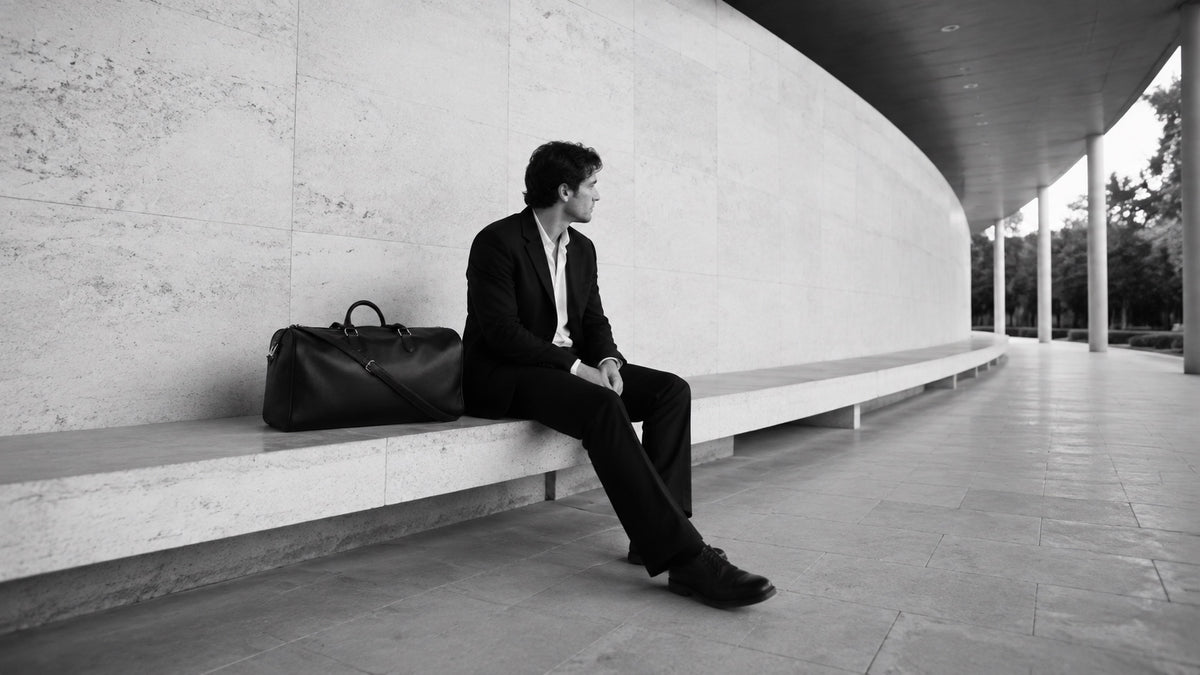 A moment of arrival with The Continental Holdall on a stone bench — The Proper Label Maison de Sport.