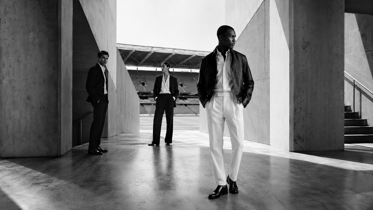 Campagne Made for Club de The Proper Label : trois modèles en tailoring noir et blanc dans les coursives d’un stade en béton.