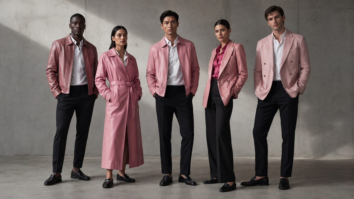Inter Miami CF editorial concept for The Proper Label: five models in pink leather jackets and tailoring.