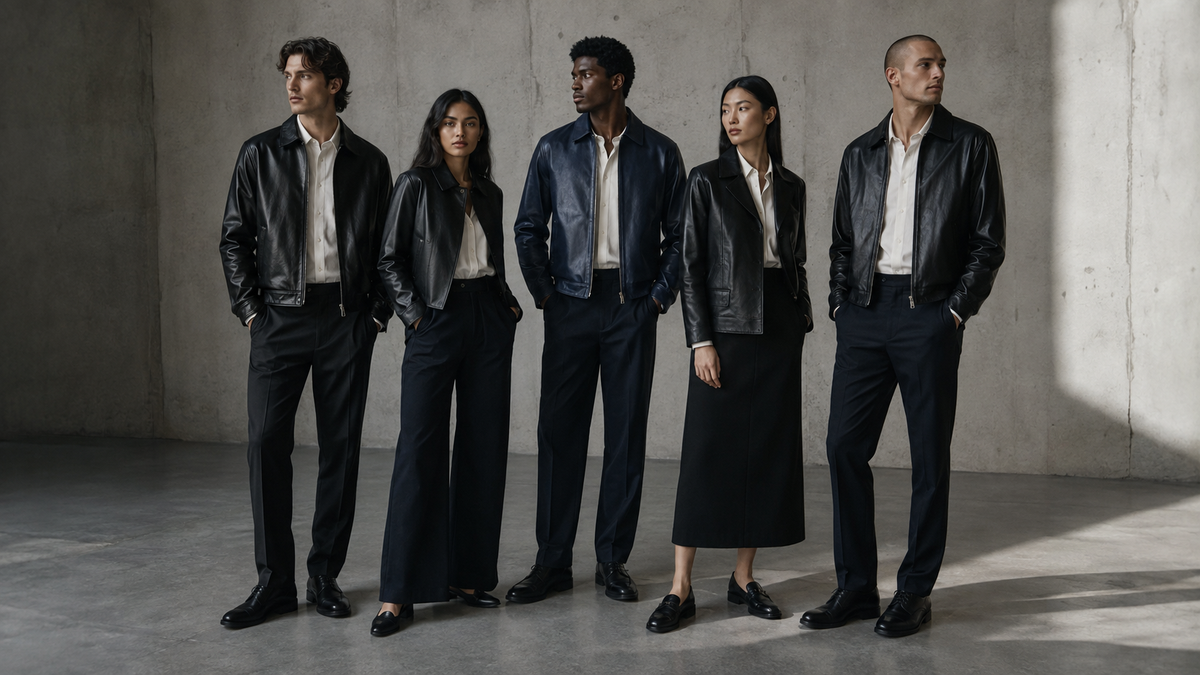 Leagues Cup editorial concept for The Proper Label: five models in black and midnight-blue leather with silver details.