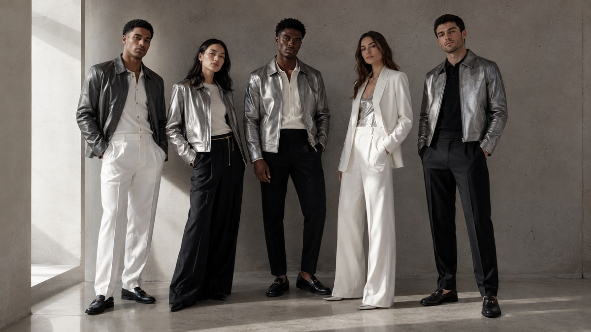 MLS All-Star editorial concept for The Proper Label: five models in silver leather jackets, white tailoring and black trousers.