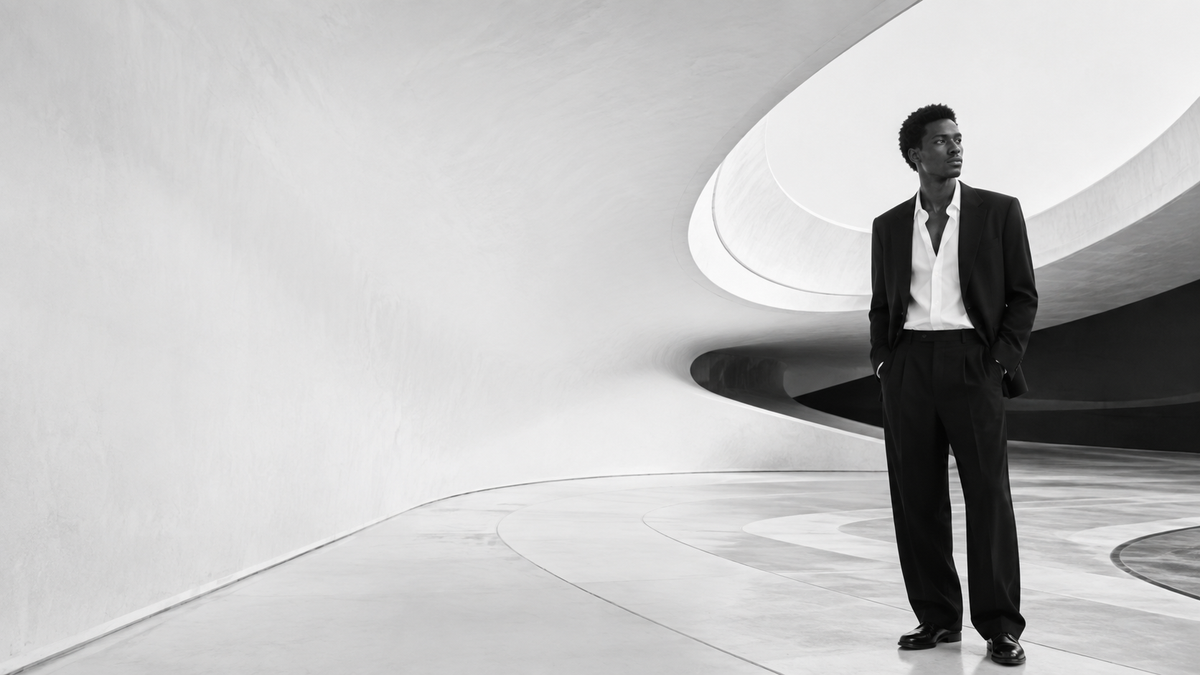 Campagne Maison de Sport : silhouette en tailoring noir devant un grand escalier blanc.