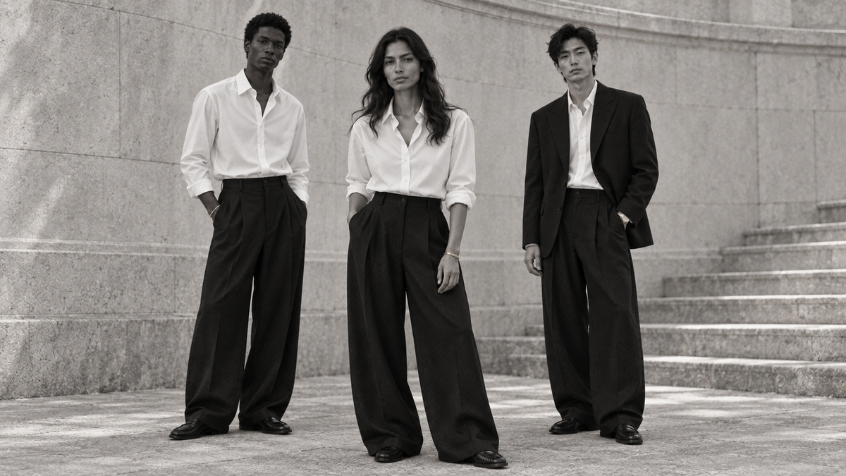 Maison de Sport: three Fall / Winter models in oversized black trousers, tucked white poplin shirts and one black blazer, photographed in black and white.