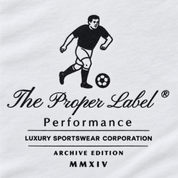 Close-up of the Maison de Sport footballer chest artwork, The Proper Label Performance signature and Archive Edition MMXIV print on white cotton.