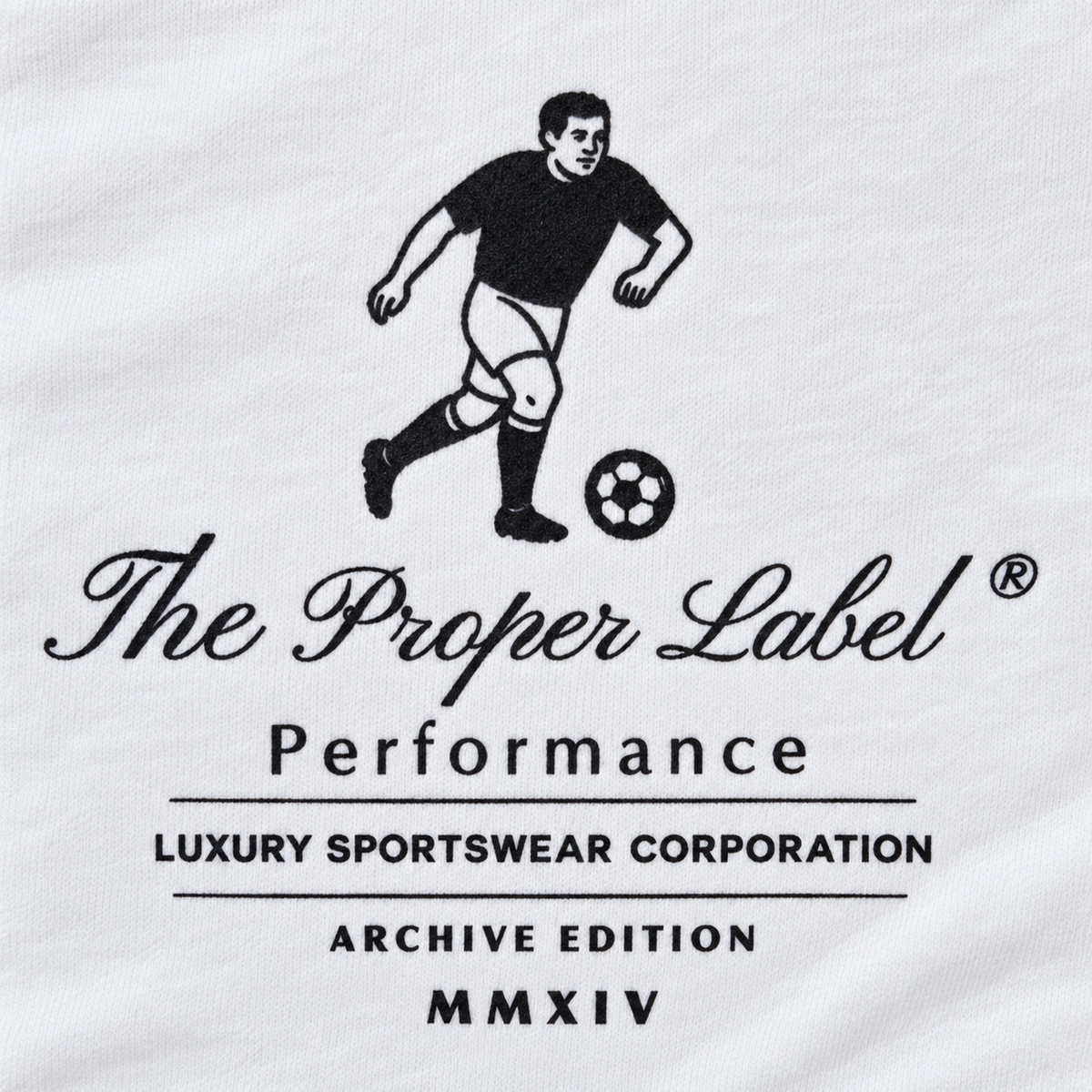 Close-up of the Maison de Sport footballer chest artwork, The Proper Label Performance signature and Archive Edition MMXIV print on white cotton.